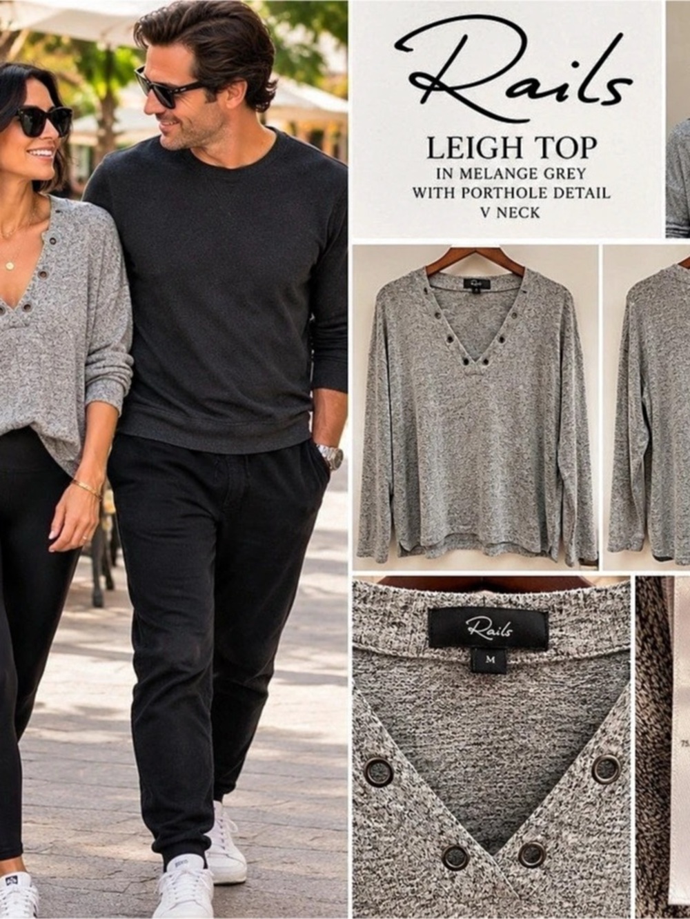 Rails Leigh Top Women's Gray V-Neck Long Sleeve Medium